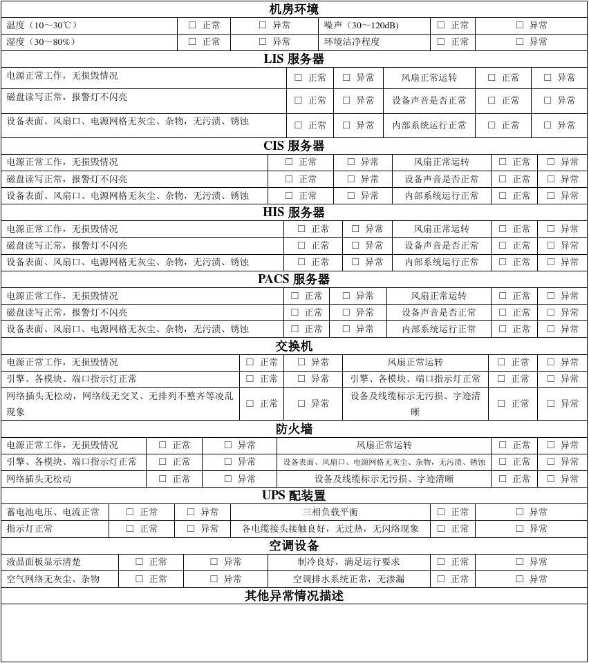 信息系統運行維護服務 機房設備、系統運行及維護記錄表管理規范